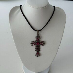 Antique-Style Cross Pendant Necklace With Pink Rhinestones On Black Cord